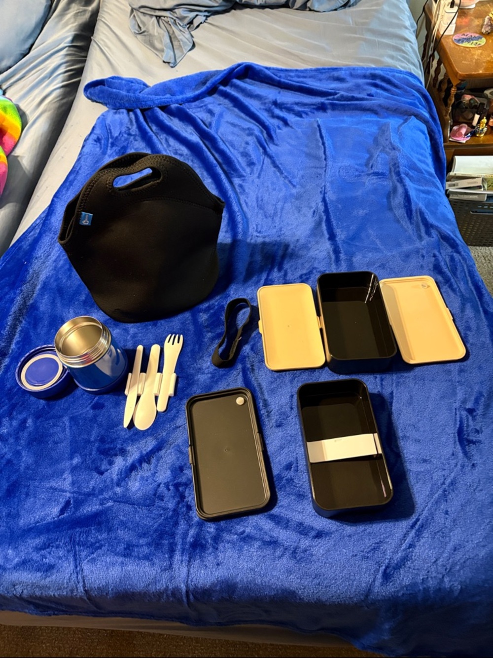 Black Neoprene Lunch Tote with Black Bento Boxes/Blue Thermos Monka brand nwot